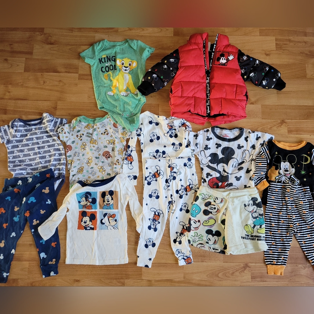 Disney Kids Clothes Bundle, 12Month to 2T, Mostly Pajamas And A Coat. 12 Pieces
